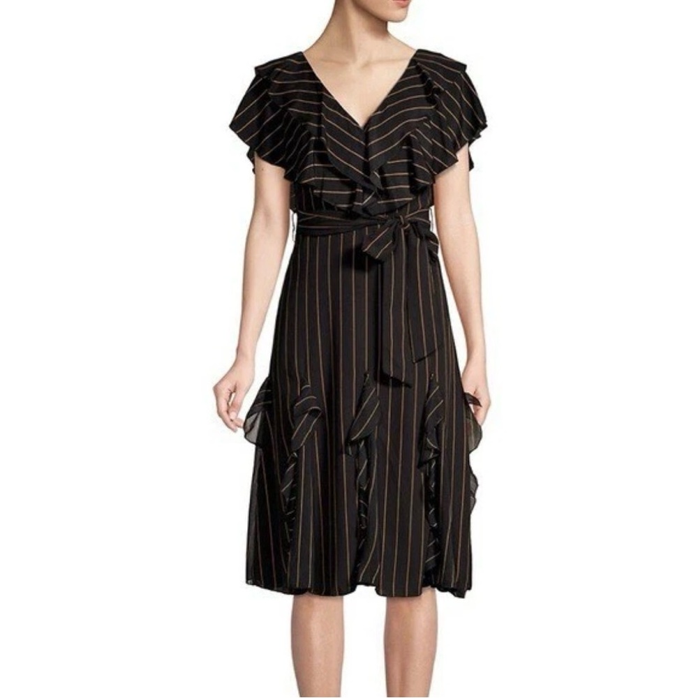Alice + Olivia Tessa Ruffle Midi Dress - (Sz 2) Black w/stripes